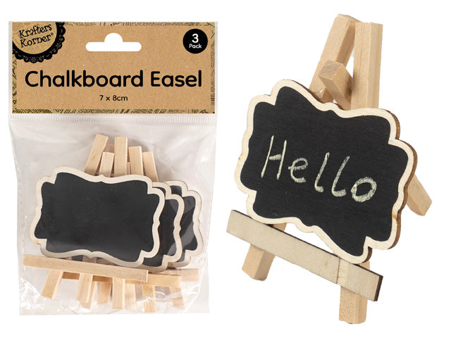 3 small easels in a pack; wooden frame; black chalkboard area with decorative edges; compact size 7 x 8 cm; written 'Hello' in chalk on one board;