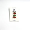 Pair of small cherry-shaped hair clips; Red round rhinestones form cherry fruits; Green marquise rhinestones as leaves; Gold-tone metal setting; Packaged on white hair accessories card;