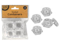 Clear plastic material; Faceted, tapered shape; Set of 4 containers; Screw-on lids; Compact size;