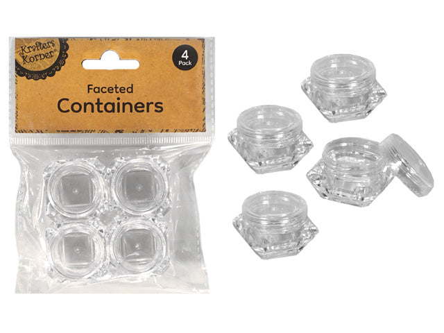 Clear plastic material; Faceted, tapered shape; Set of 4 containers; Screw-on lids; Compact size;