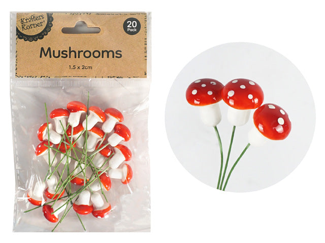 red and white spotted mushroom caps; small size approx 1.5 x 2 cm; green wire stems; pack of 20 mushrooms in clear resealable bag; foam material;