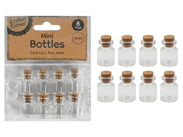 clear glass bottles; cork lids; pack of 8; small size 2.5cm; rectangular bottle shape;
