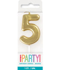 gold colour; number 5 shape; 8cm size; plastic pick attached; packaged in clear box;