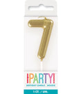 gold colour; number 7 shape; glitter finish; white pick base; packaged in clear blister;