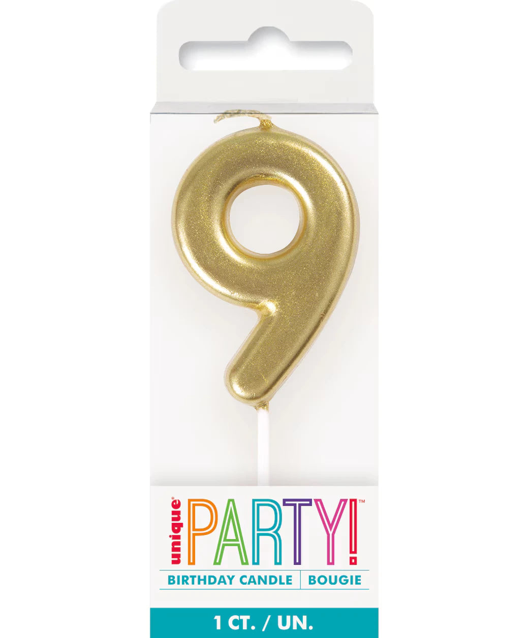 gold colour; number 9 shape; 8cm size; attached pick for cake insertion; packaged in clear plastic with branded card;