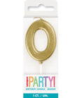 gold colour; number 0 shape; mini size candle; white plastic pick base for cake insertion; packaged in clear plastic with branded card backing;