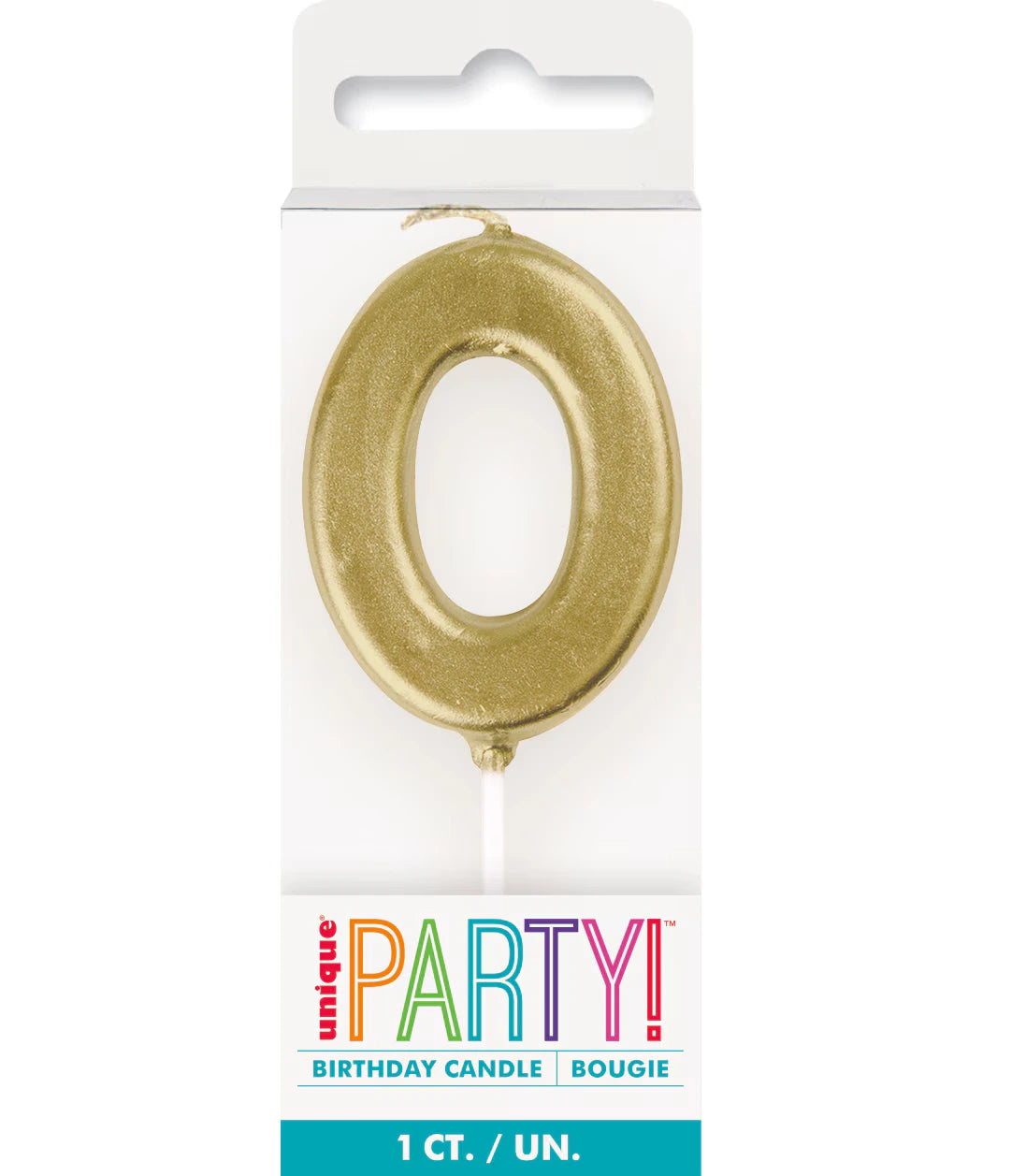 gold colour; number 0 shape; mini size candle; white plastic pick base for cake insertion; packaged in clear plastic with branded card backing;