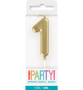 gold colour; number 1 shape; mini size; attached white pick; packaged in clear plastic box;