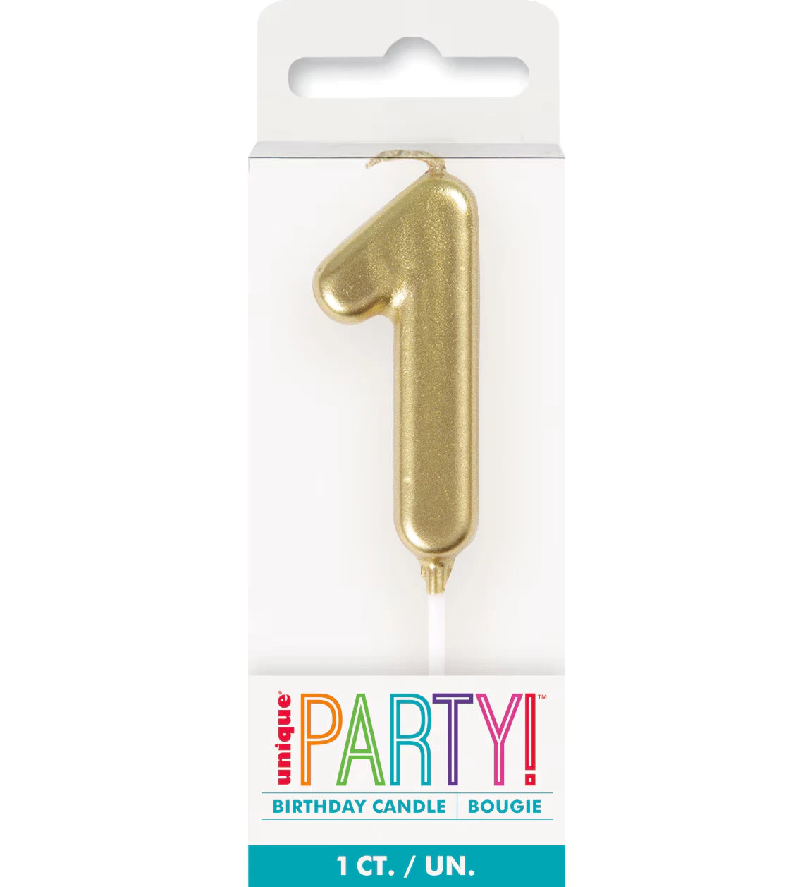 gold colour; number 1 shape; mini size; attached white pick; packaged in clear plastic box;