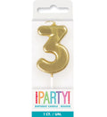 Gold colour; Number 3 shape; 8cm height; Glossy metallic finish; White candle stick base;