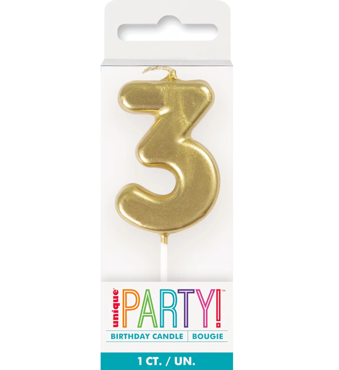 Gold colour; Number 3 shape; 8cm height; Glossy metallic finish; White candle stick base;