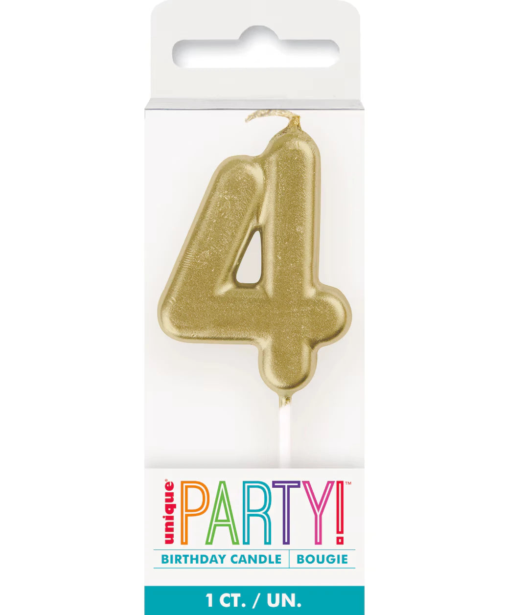 gold colour; numeral 4 shape; glittery finish; approximately 8cm tall; plastic pick base;