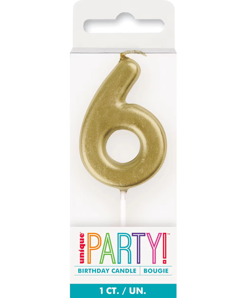 gold colour; numeral 6 shape; birthday candle; packaging with hanger tab; approx. 8cm tall;