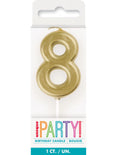 gold colour; number 8 shape; candle with stick pick; packaged in clear plastic; approximately 8cm tall;