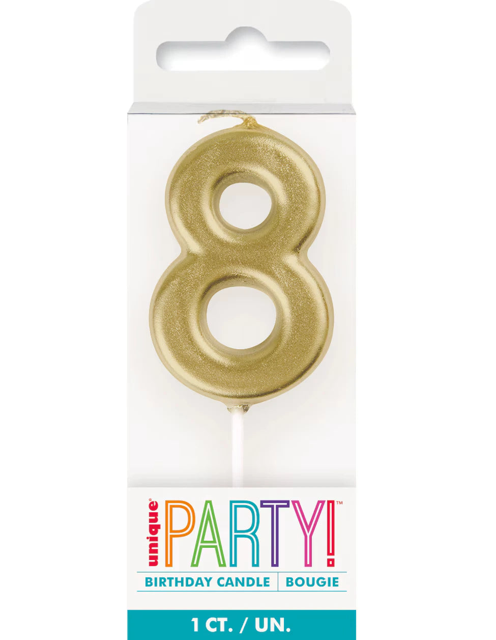 gold colour; number 8 shape; candle with stick pick; packaged in clear plastic; approximately 8cm tall;