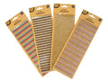 Rhinestone border stickers on brown card backing; Assorted colours including silver, pink, blue, black; Strips of small, round rhinestone stickers; Rows of stickers arranged uniformly in straight lines;
