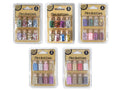 8 mini glass bottles with cork stoppers; Assorted colours of sequins and beads per pack; Clear plastic blister packaging with cardboard back; Each pack labelled 'Mini Bottles 8 Pack';