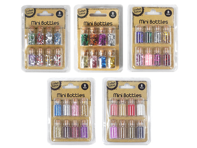 8 mini glass bottles with cork stoppers; Assorted colours of sequins and beads per pack; Clear plastic blister packaging with cardboard back; Each pack labelled 'Mini Bottles 8 Pack';