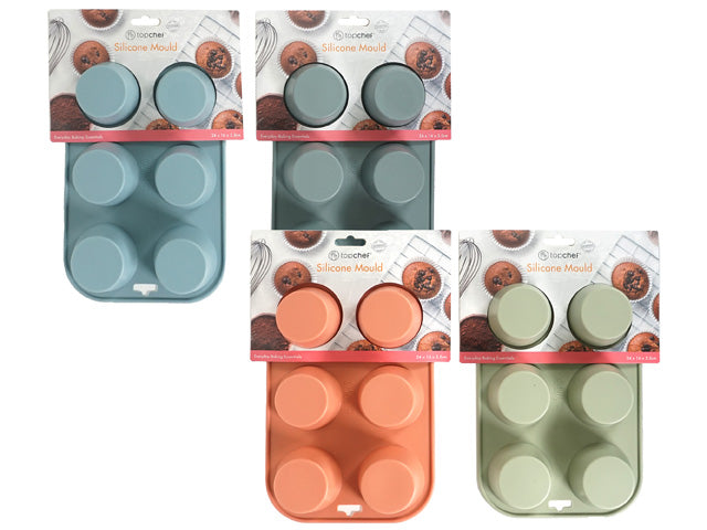 6-cup muffin tray; soft flexible silicone material; assorted colours (blue, grey, coral, green); round mini muffin cups; packaged with a printed cardboard label;