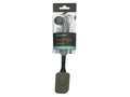 grey silicone spatula head; metal handle; compact size; packaged on branded card;