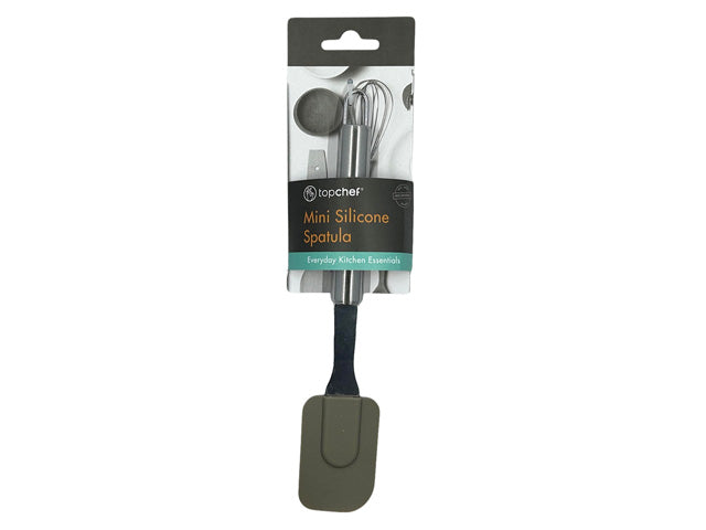 grey silicone spatula head; metal handle; compact size; packaged on branded card;