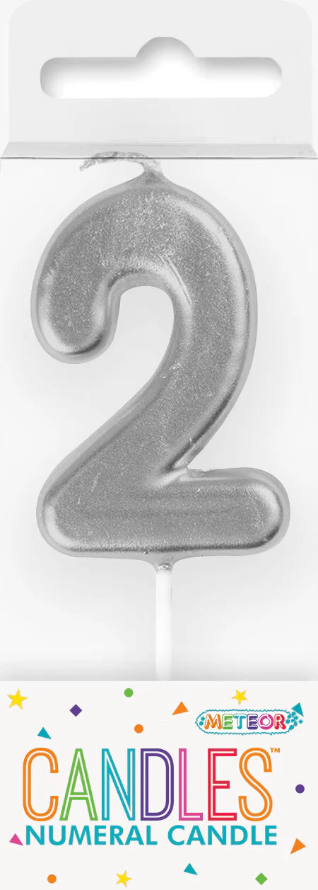 silver colour; number 2 shape; mini size; 8cm height; glittery finish;