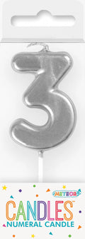 Silver numeral '3' candle; Glossy metallic finish; Stick base for cake placement; Approximately 8cm tall; Packaging with colourful 'Meteor Candles' label;