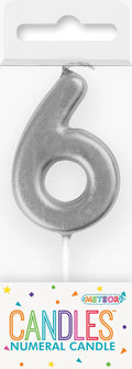 Silver numeral candle shaped as number 6; Approximately 8cm tall; Glossy metallic finish; Wick at top for lighting; White plastic stick base attached;
