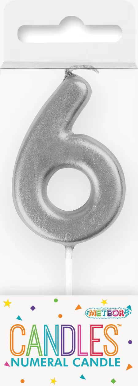 Silver numeral candle shaped as number 6; Approximately 8cm tall; Glossy metallic finish; Wick at top for lighting; White plastic stick base attached;