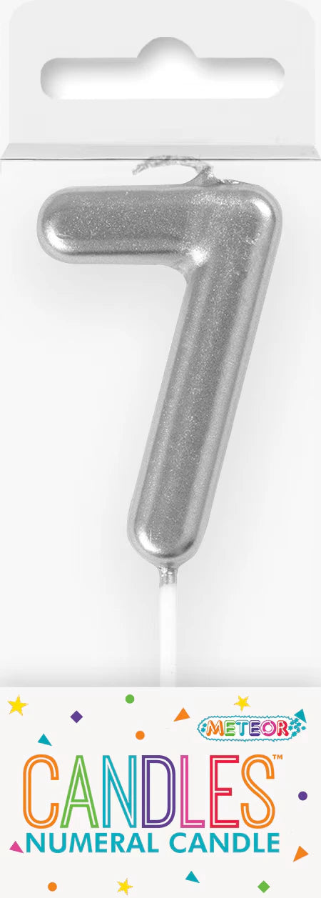 silver colour; number 7 shape; glitter finish; includes white stick pick; packaged with colourful label;