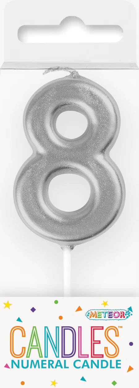 Silver colour; Number 8 shape; Candle on white pick; Approx. 8cm height; Packaged on labelled card;