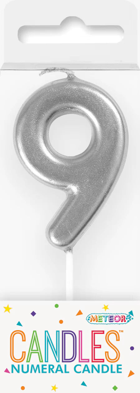 silver colour; numeral 9 shape; 8cm height; attached pick for cake insertion; packaged in clear blister pack with header card;