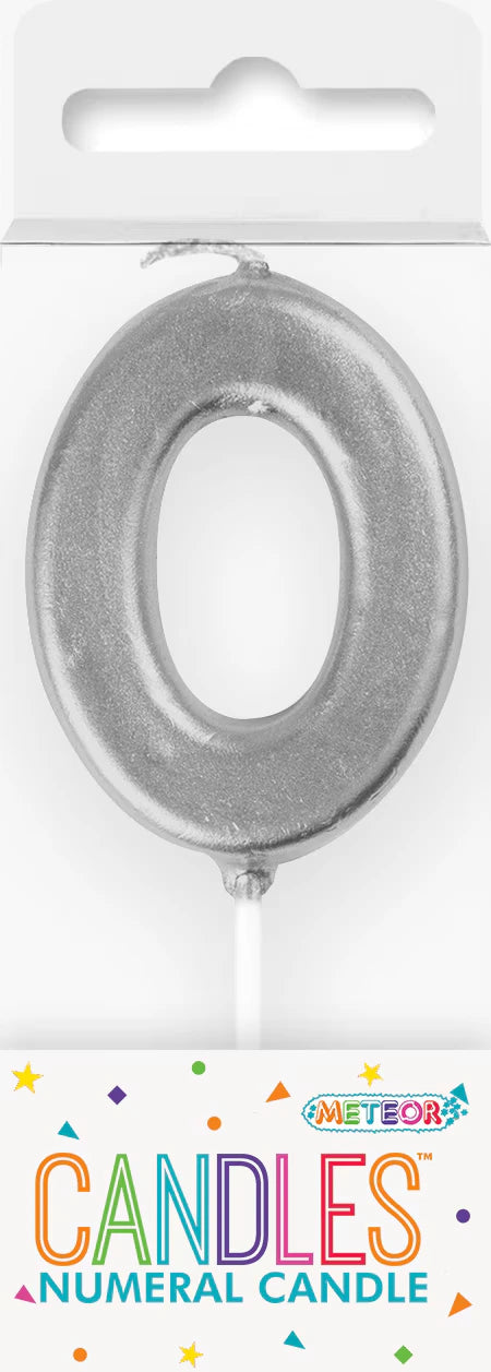 silver metallic finish; number 0 shape; 8cm height; attached pick for cake placement; packaged with Meteor Candles branding;