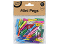 pack of 50 mini wooden pegs; assorted bright colours; wooden material with metal springs; clear plastic packaging with paper label;
