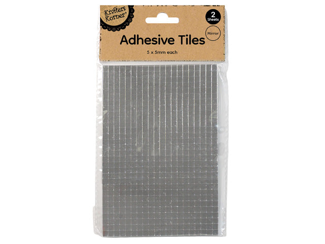 two sheets of small mirror mosaic tiles; each tile approximately 5mm x 5mm; self-adhesive backing visible; packaged in clear plastic bag with cardboard label;