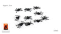 Black spiders in varied shapes; Textured, shiny-looking surfaces; Spiders have multiple legs; Orange packaging is shown;