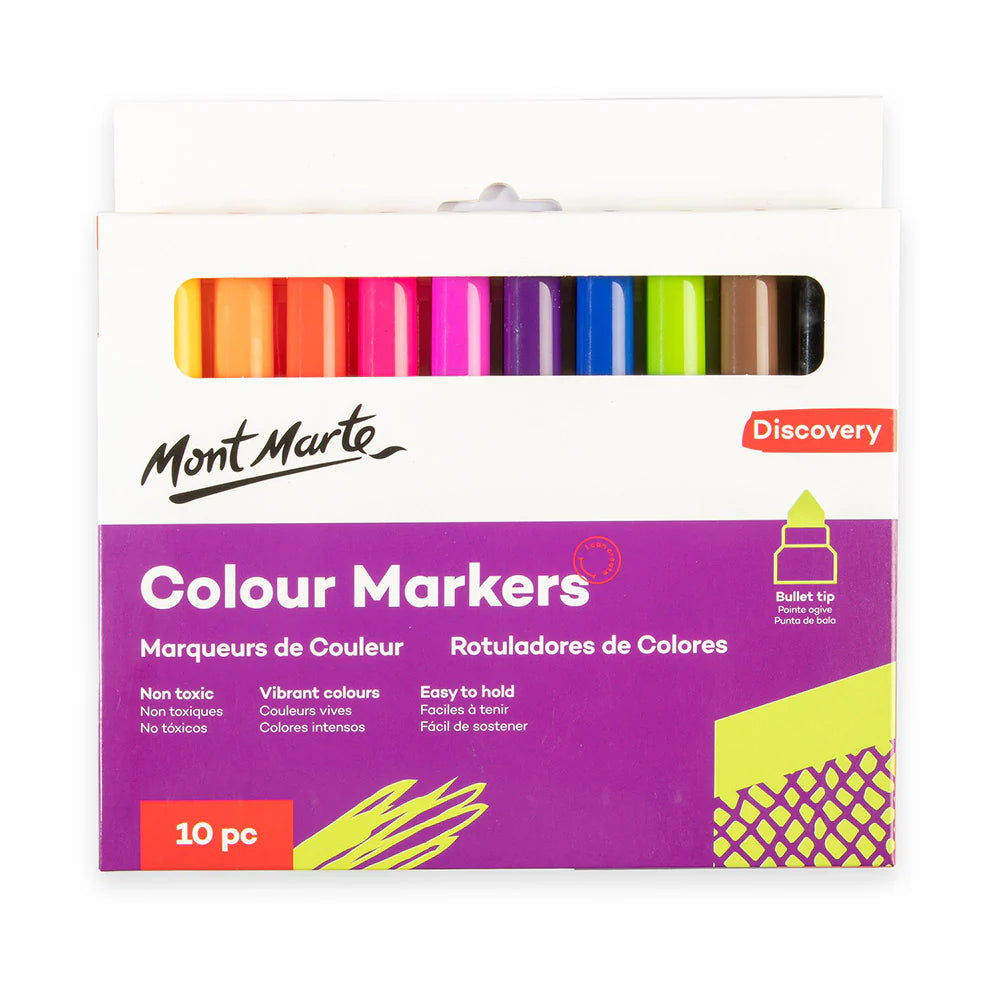 10 markers in assorted bright colours; bullet tip marker design; white packaging with purple and lime green accents; Mont Marte brand logo; window on package showing markers;