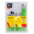 15 brushes in set; green handles; natural bristles; mix of round and flat brush shapes; packaged in clear plastic with yellow label;