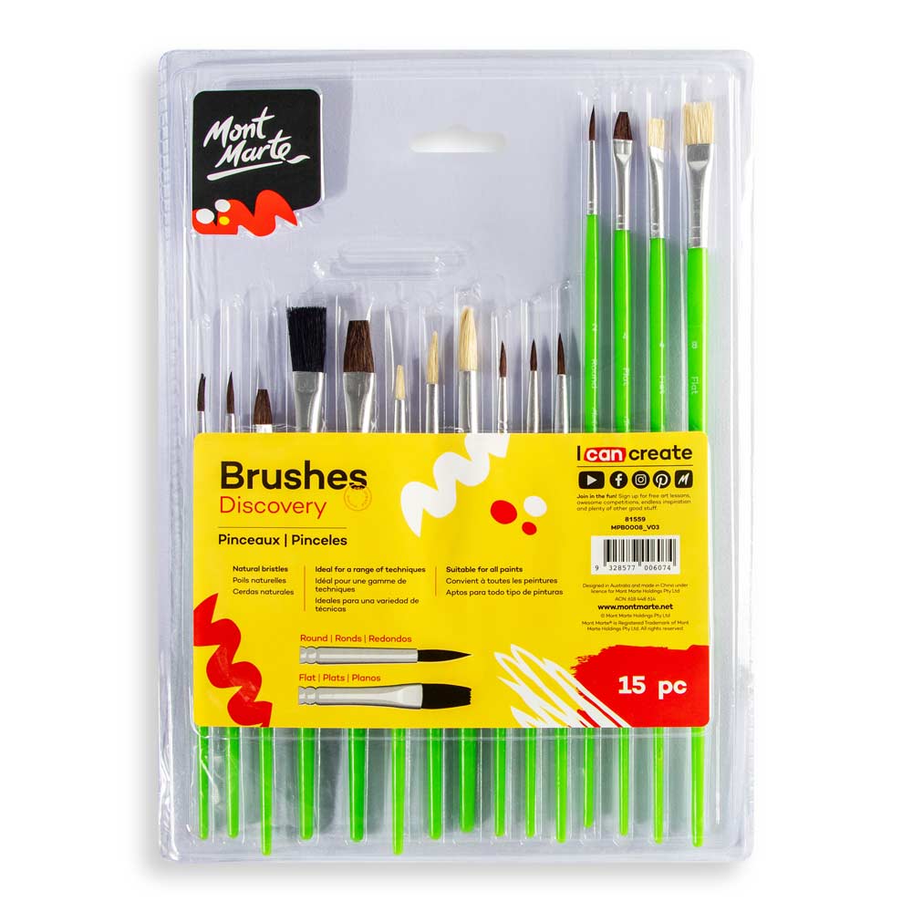 15 brushes in set; green handles; natural bristles; mix of round and flat brush shapes; packaged in clear plastic with yellow label;