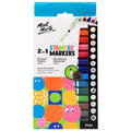14-piece set of markers; white packaging with colourful circle designs; markers visible in various colours; marker caps with stamper ends;