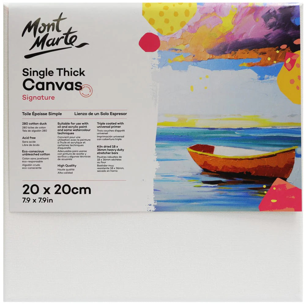 White canvas surface; Square shape 20x20 cm; Pine stretcher frame; Product label with bright artwork and text; Triple coated canvas with primer;