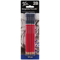 pack of 10 pencils; red lower barrel with dark grey upper barrel; printed text ‘Mont Marte’ and ‘Graphite Pencil 2B’; blister packaging with cardboard backing; pencils are hexagonal shape;