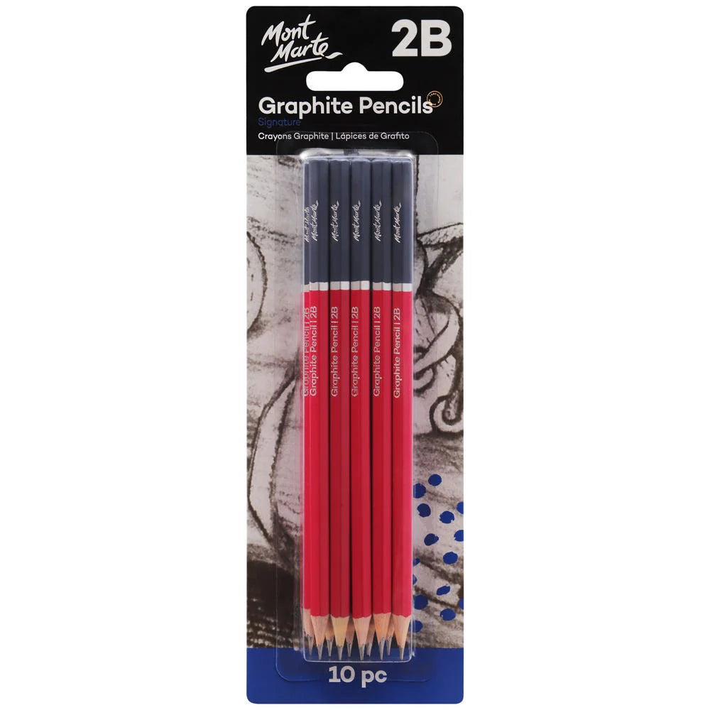pack of 10 pencils; red lower barrel with dark grey upper barrel; printed text ‘Mont Marte’ and ‘Graphite Pencil 2B’; blister packaging with cardboard backing; pencils are hexagonal shape;