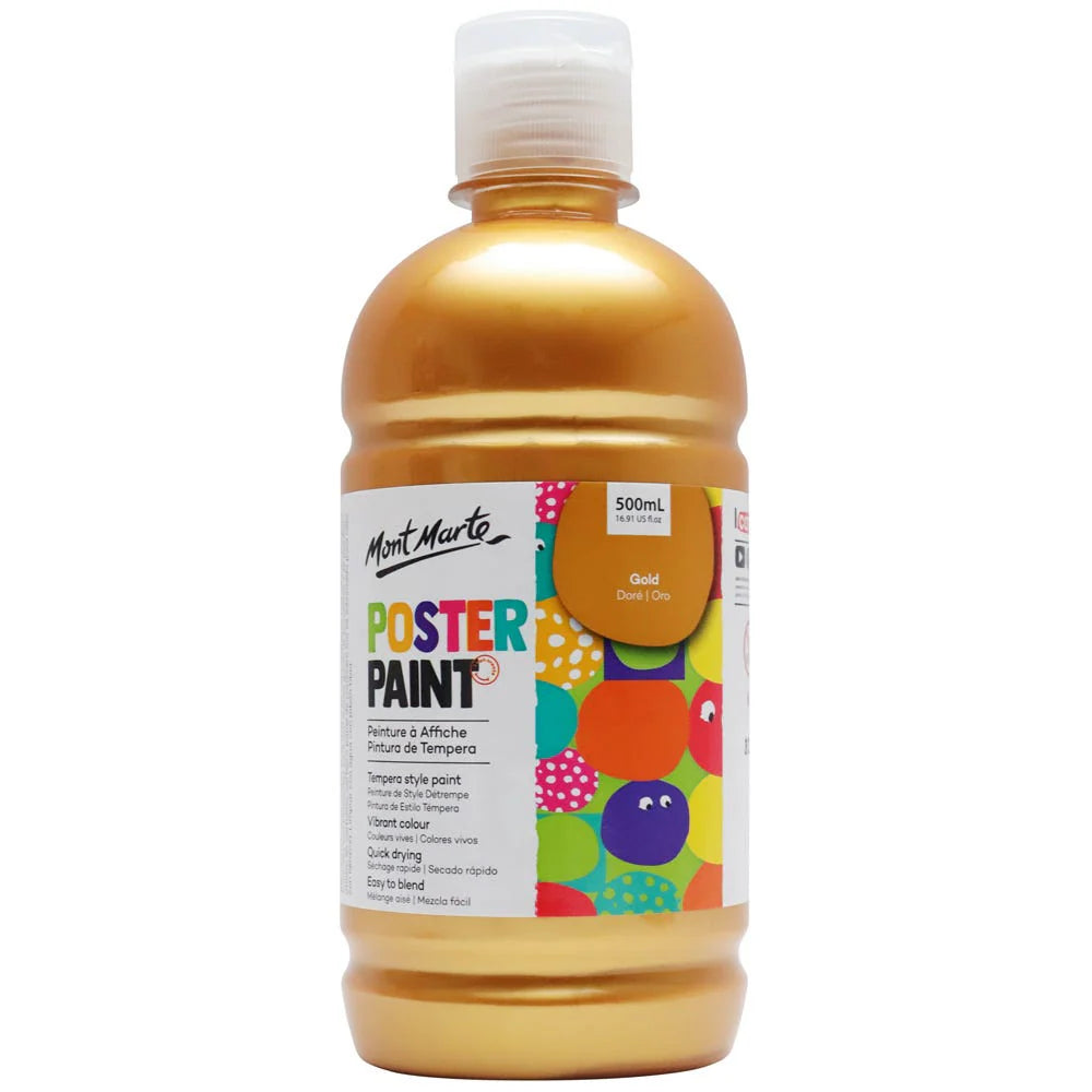 metallic gold colour; plastic bottle; 500ml volume; label with colourful graphics; dispensing cap;