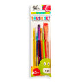 six brushes in varied sizes and shapes; colourful transparent handles; plastic packaging with branding; age recommendation 3+ on packaging;
