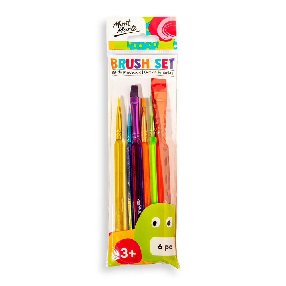 six brushes in varied sizes and shapes; colourful transparent handles; plastic packaging with branding; age recommendation 3+ on packaging;