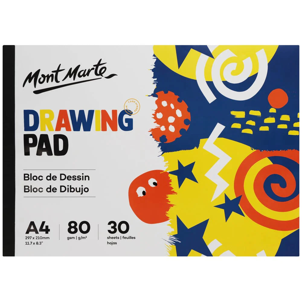 A4 size landscape drawing pad; Colourful cover with blue, yellow, red and white abstract design; Black binding on the left side; 30 sheets of 80 gsm paper indicated on the cover;