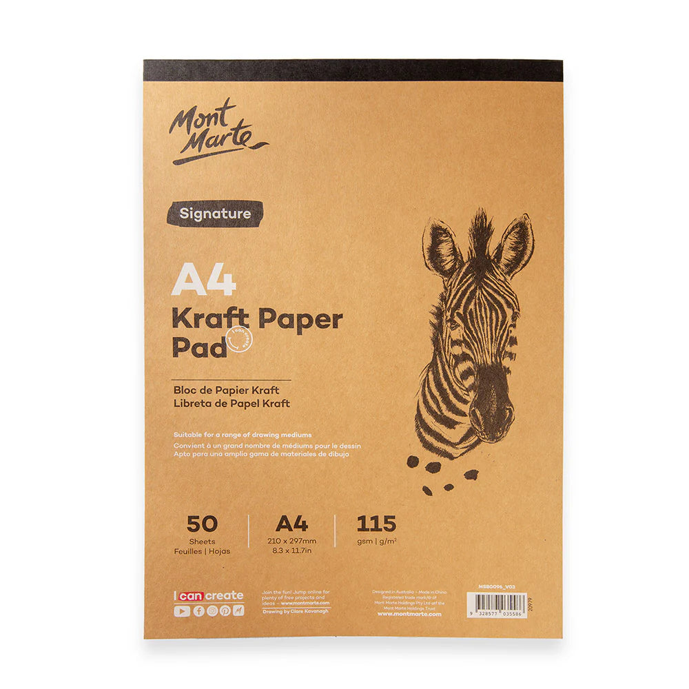 Natural brown kraft paper colour; A4 size (210 x 297 mm); 50 sheets pack; 115 gsm paper weight; Pack features a zebra sketch on the front cover;
