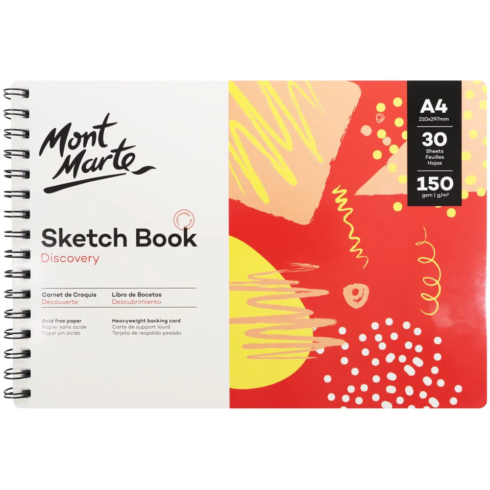 A4 size; Red and yellow abstract cover design; Wire-bound on left side; 30 sheets; 150gsm weight indicated;