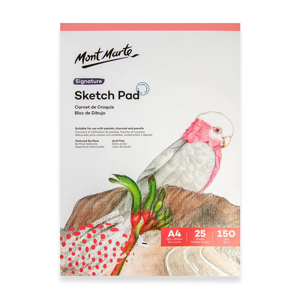 white front cover with pink binding strip; illustration of a pink and white bird on branch; label indicates A4 size; 25 sheets; 150gsm paper weight;